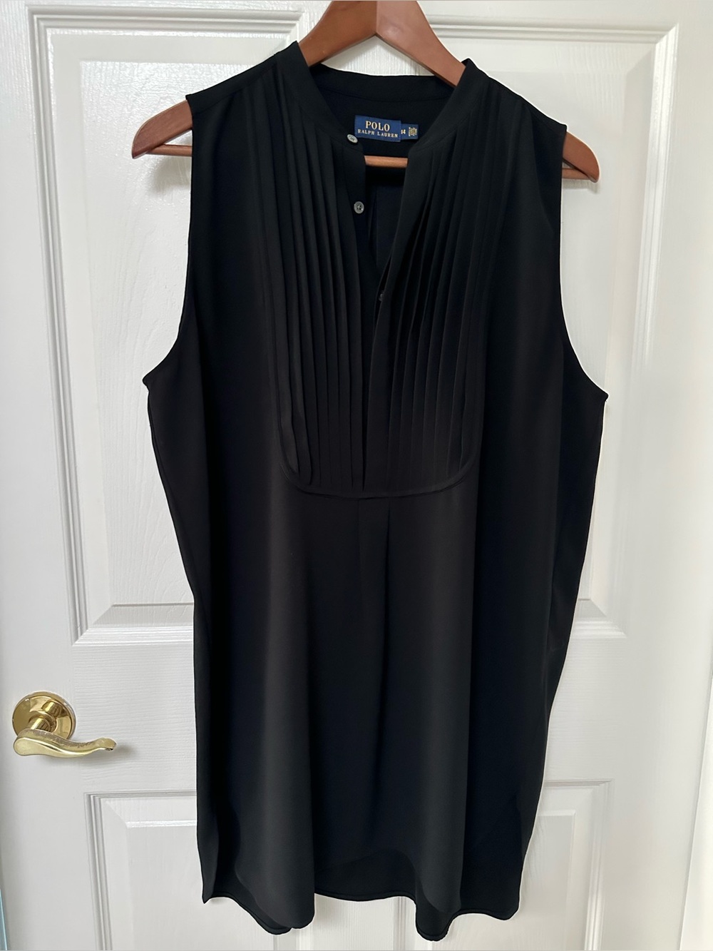 Polo Ralph Lauren Black Sleeveless Tuxedo Bib Tunic Blouse Size 14 Luxury